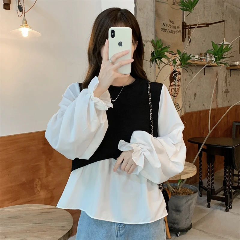 Vintage Korean Fake Two Piece Blouse Women Puff Sleeve Patchwork Blouses Tops Shirt Fashion Blusas Mujer