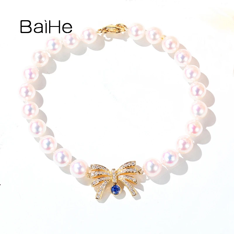 BAIHE Genuine Solid 18K Yellow Gold H/SI Natural Sapphire Diamond Freshwater Pearl Bowknot Women Fine Jewelry pulseras mujer