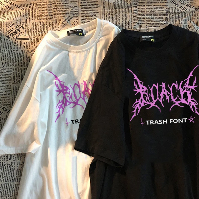 Harajuku Lightning Punk Goth Tops INFERNO Letter print Streetwear Ulzzang Grunge hip hop Vintage Loose chic casual women T-shirt