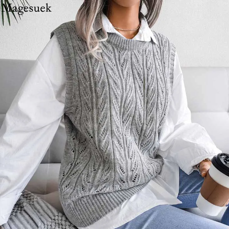 Sleeveless Hollow Leaf Pullover Women Vest Sweater Casual Knitted Sweater Autumn Winter Round Neck Women Vest Solid Tops 18139