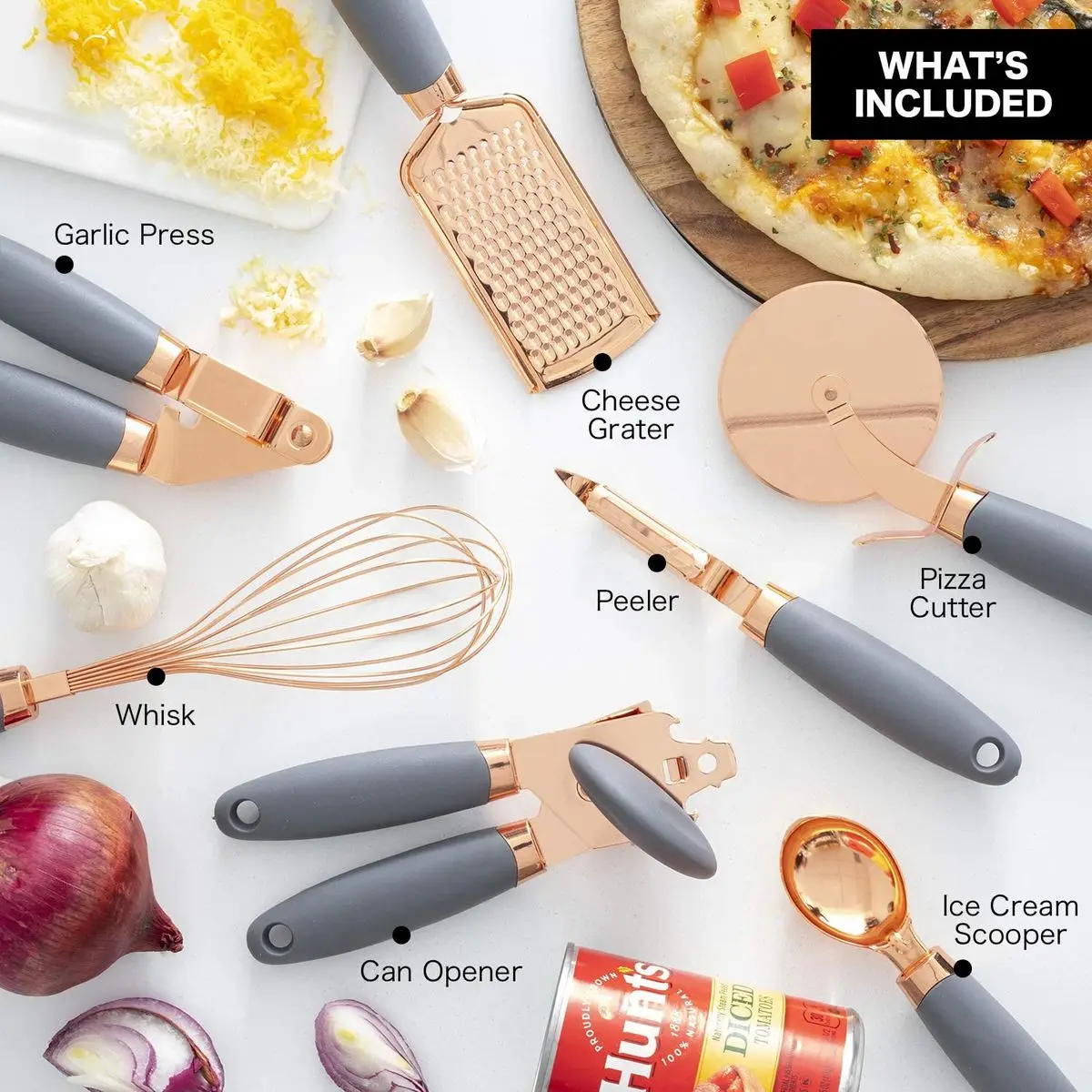 7 Pc Kitchen Gadget Set Copper Coated Stainless Steel Utensils ice scream scoop peeler garlic press cheese grater whisk