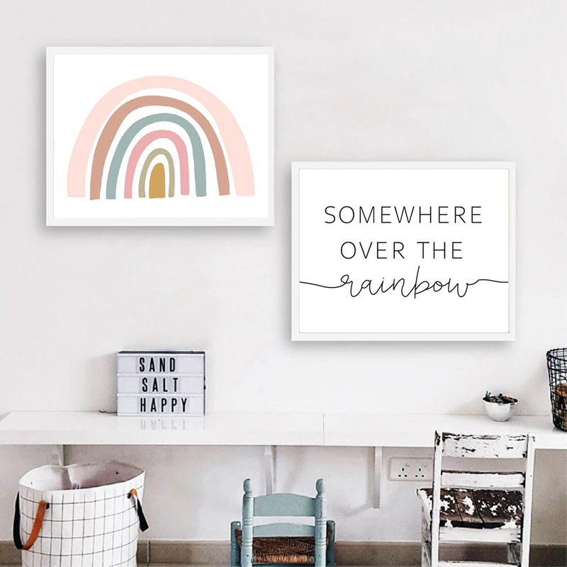 Pink And Yellow Rainbow Print Pictures Somewhere Over The Rainbow Quotes Poster Wall Art Canvas Painting For Baby Girls Bedroom