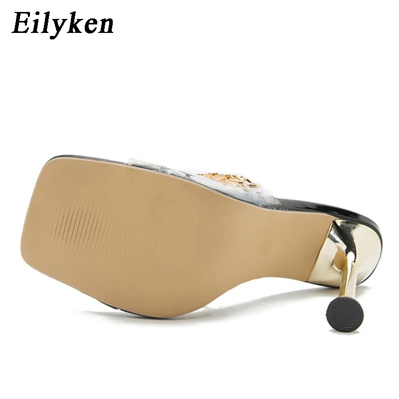 Eilyken Summer Pumps Fashion Chain Women Slippers Sandals Thin High Heels Slip On Square Toe Mules Slides Ladies Shoes