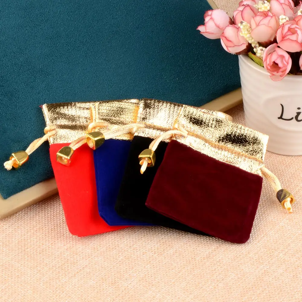 20pcs/lot Vintage Velvet Jewelry Bag Gold Color Trim Drawstring Black Wine Red Blue Gift Bags Wedding Jewelry Packaging Pouches