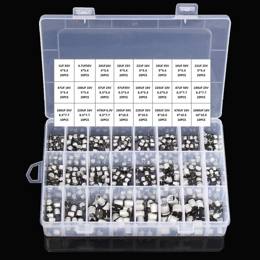 Kit d'assortiment de condensateurs électrolytiques en aluminium SMD, 1UF ~ 1000UF 6.3V-50V, 400 pièces, 24 valeurs, + boîte