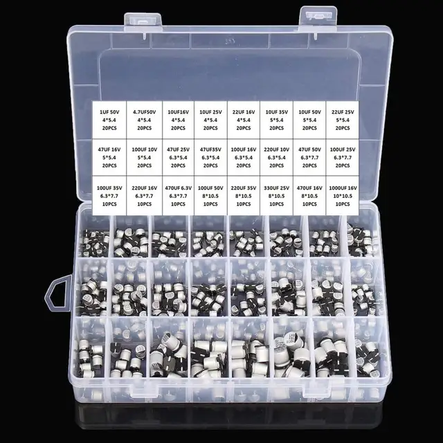 1UF ~ 1000UF 6,3 V-50 V 400 szt. 24 wartości SMD aluminiowe kondensatory elektrolityczne zestaw asortymentowy + pudełko