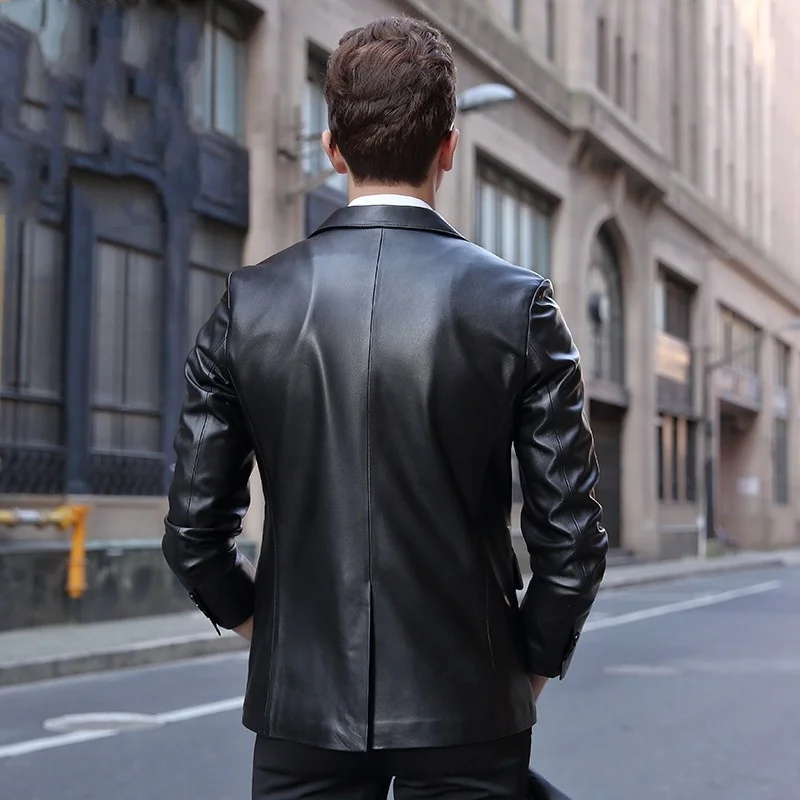 Business Mens Casual Genuine Leather Suit Jacket 2022 High Quality Spring Autumn Slim Fit Classic Black Sheepskin Short Blazer