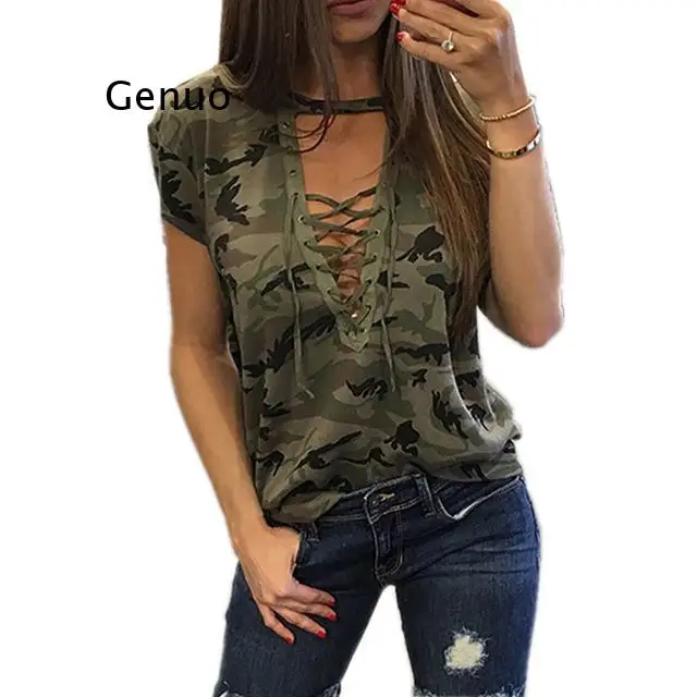 Summer Women Short Sleeve Camouflage Loose Casual Ladies T Shirt Tops Summer Bandage Hollow Out T-Shirt Tops Gray Army Green