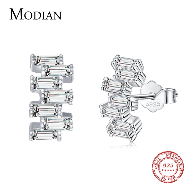 Modian 925 Sterling Silver Luxury Emerald Cut Kolczyki sztyfty dla kobiet Olśniewające przezroczyste CZ Hipoalergiczne szpilki do uszu Fine Jewelry