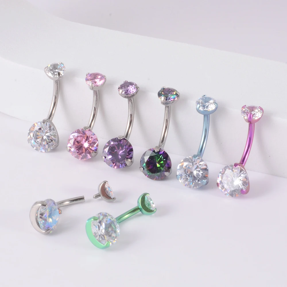 1PC G23 Titanium Zircon Belly Button Rings Prong WaterDrop Round CZ Navel Piercing Curved Banana Sexy Body Jewelry