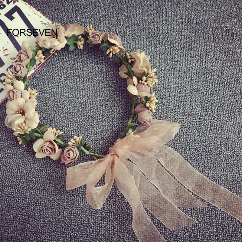 Artificial Flower Wreath with Ribbon Hairband Handmade Wedding Headbands Flowers Garland Wreath Hair Accessories for Women