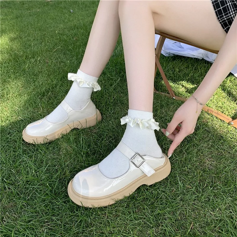 

Mid Heel 4cm Summer New Loli Mary Jane Shoes Japanese Jk Uniform Girl Round Head Solid Color Women Female Buckle Vintage Anime