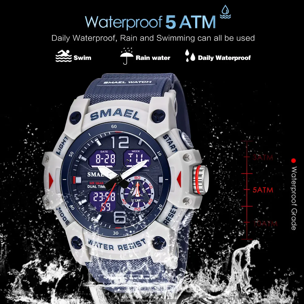 SMAEL Dual Time LED Display Watch for Men Military Sport Digital Watches Women Unisex Waterproof Auto Date Week Wristwatch 8007