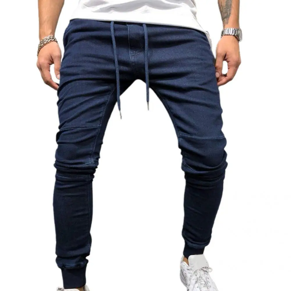 Casual calças de brim com cordão cor sólida denim meados da cintura tornozelo com tiras lápis calças masculinas tamanho grande calças de brim pantalones hombre