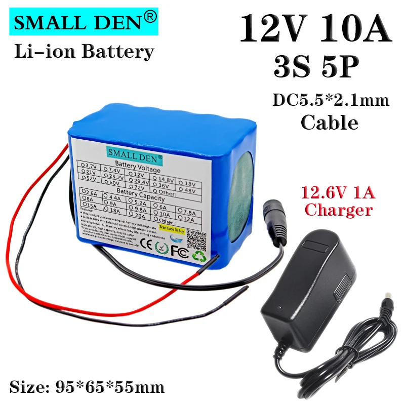 12V 10Ah large capacity 18650 lithium battery pack, LED light, bluetooth speaker battery, built-in BMS+ 12.6V 1A charger