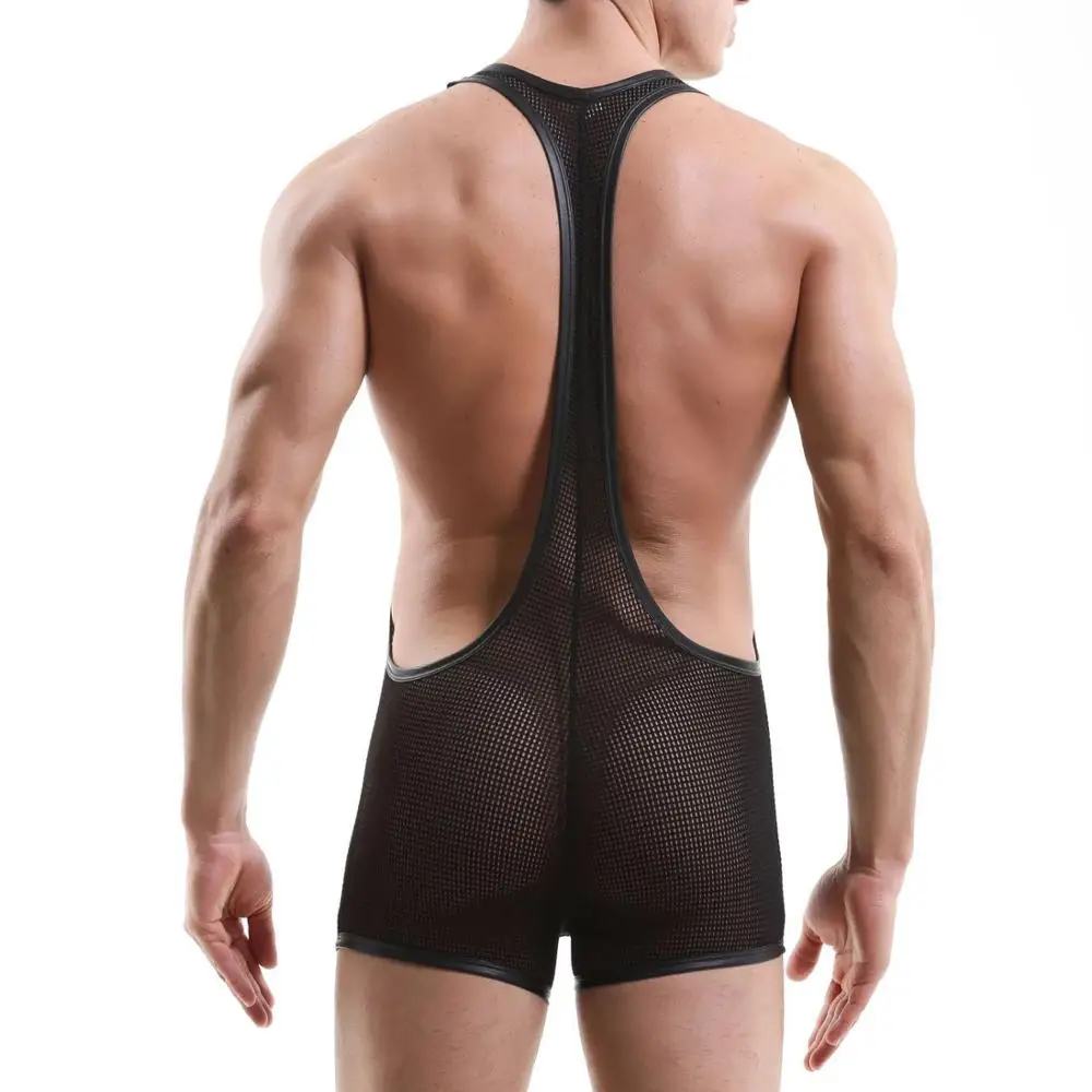 Mens Undershirts Mesh Stretchy Onesies Wrestling Singlet Bodysuit Leotard Lingerie Jumpsuit Underwear Boxer Shorts Nightwear