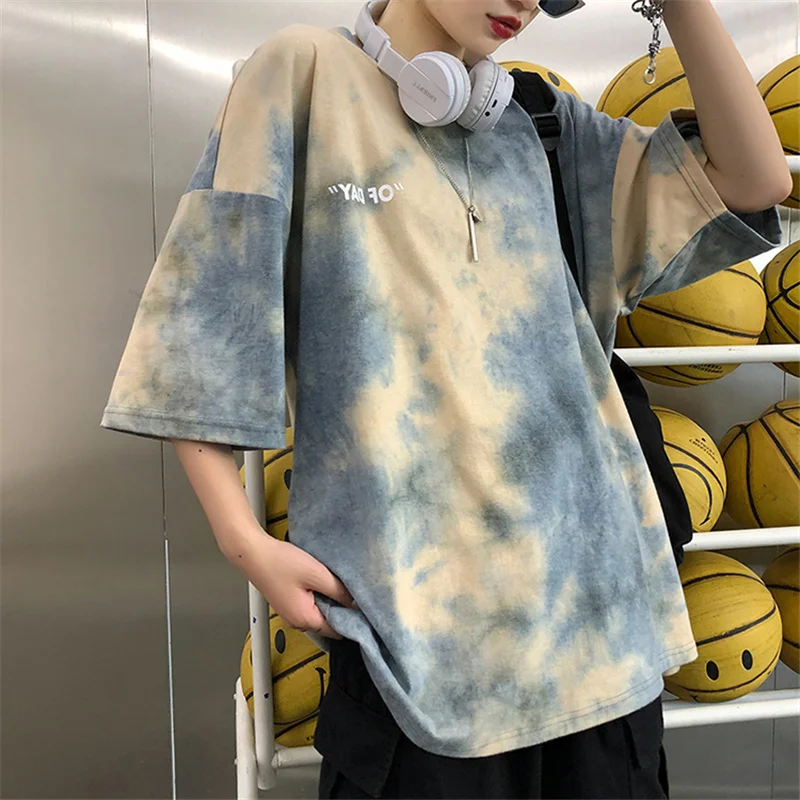 BF Style Tie Dye Printed Short Sleeve Oversized Tshirt Women Street Fashion Casual Loose Tee Shirt Harajuku Summer Tops