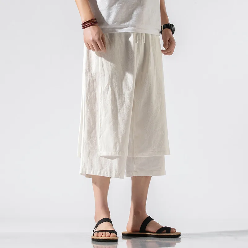 Plus size M-8XL Cotton Linen Wild Leg Pants Casual Loose Calf-Length Pants Man Bloomers Summer Baggy Traditional Pants Trousers