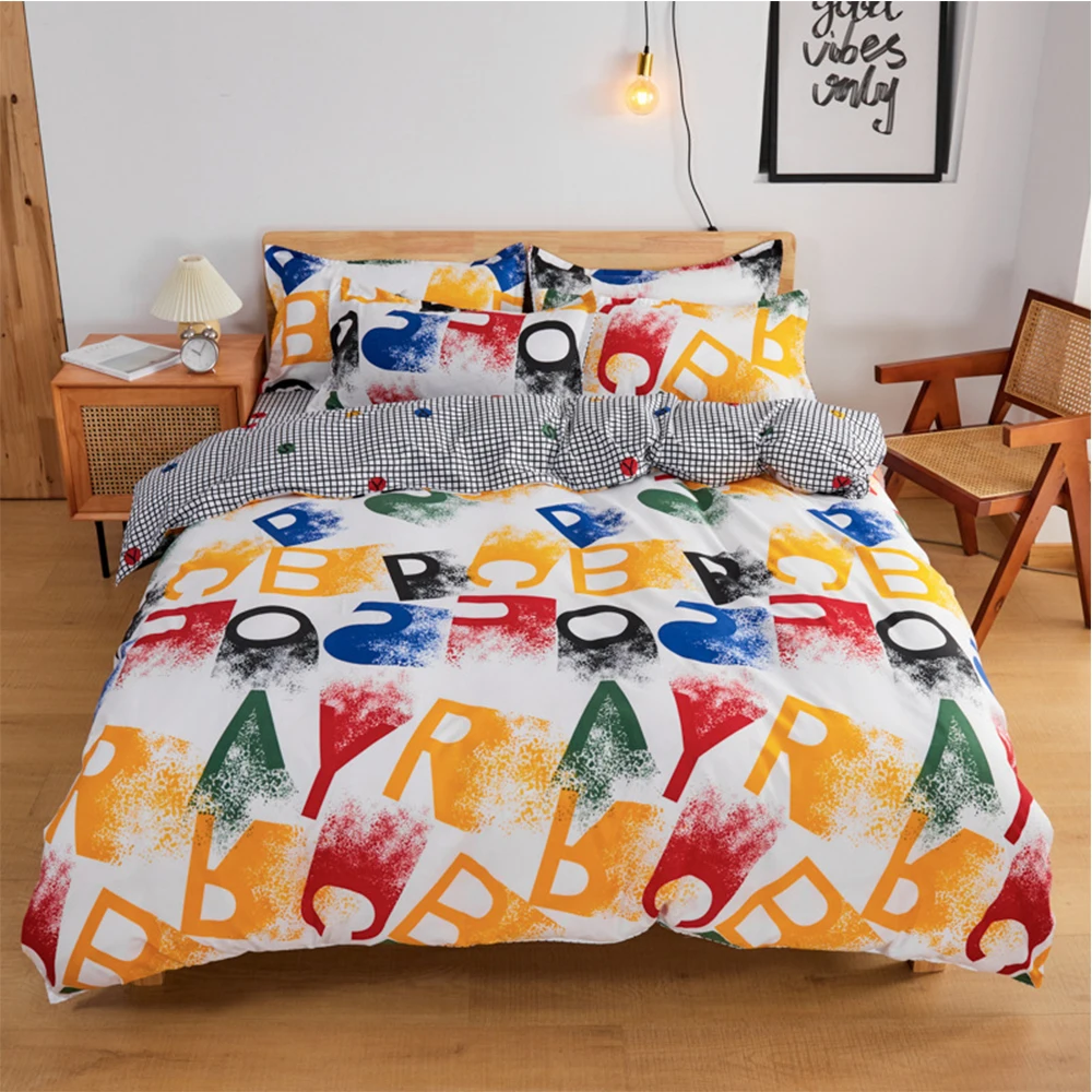 

Lovely Kids 4PCS Bedding Set 240X220 Queen Size Colorful ABC Word Fruit Printed Duvet Cover Pillowcase Bed Sets Bed Sheet