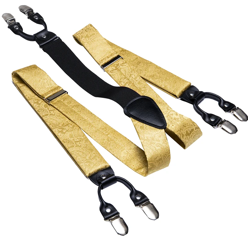 Hi-Tie 100% Silk Adult Men\'s Suspender Set Leather 6 Clips Braces Vintage Fashion Gold Floral Wedding Suspenders and Bowtie Set