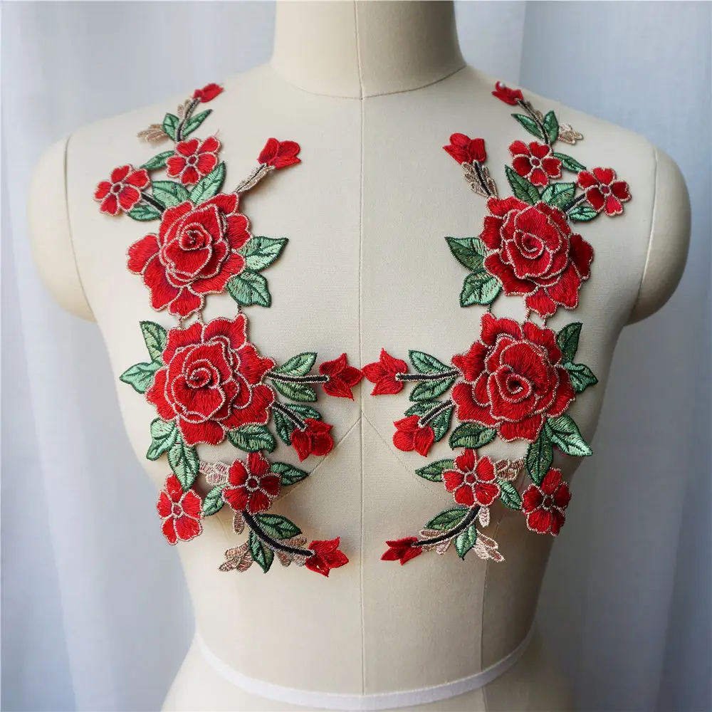 2PCS Red Rose Blue Purple 3D Flowers Embroidered Gown Appliques Lace Fabric Collar Sew Patches For Wedding Decoration DIY