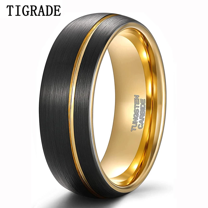 

Tigrade 8mm Mens Tungsten Wedding Rings Black Ring with Asymmetric Gold Thread Band for Women Two Tone Brush Comfort Fit Size