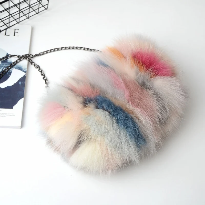 Cute Girls Fluffy Real Fox Fur Chain Crossbody Bag Women Shoulder Handbag Warm Hands Purse Mini Brand Designer Handbags