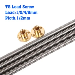 3D Printer T8 Lead Screw OD 8mm Pitch 2mm Lead 2mm/8mm 200mm 250mm 300mm 350mm 400mm 450mm 500mm With Nut For Reprap