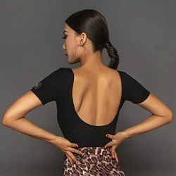 Latin Dance Shirts Lady Tango Cha Cha Rumba Samba Dancewear Women Black Short Sleeve Sexy Big Backless Practice Tops DNV12970