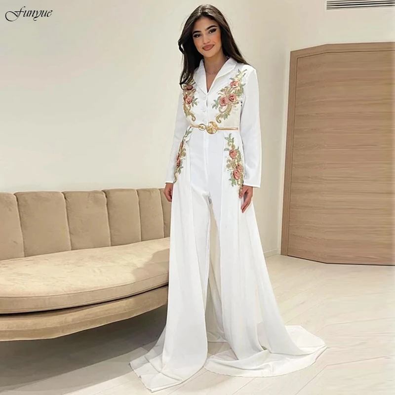 White Moroccan Caftan Long Sleeves Evening Dress Pantsuit Floral Lace Dubai Arabic Formal Prom Dress Robes De Soirée De Mariage