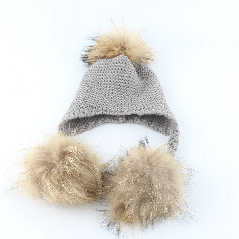 Winter Hat For Kids Real Mink Raccoon Fur Pompom Hat Children Wool Knitted Girls Boys Cap Baby Earflap Skullies Beanies