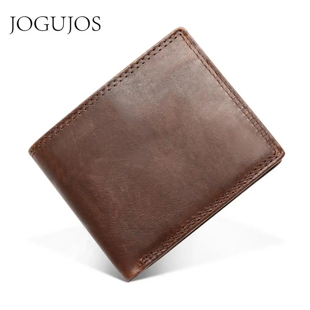 JOGUJOS Genuine Crazy Horse Leather Men Wallets Vintage Short Wallet Cowhide Coin Purse Money Credit Card Holder Purse For Man