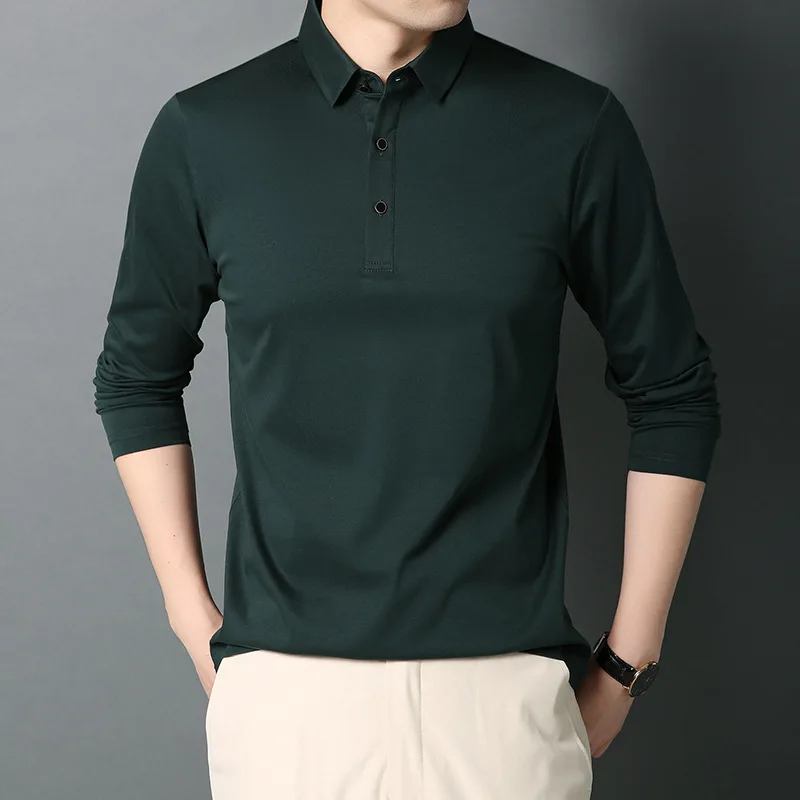 

100% Mercerized Cotton Collar Polo Shirt Men Brand High Quality Long Sleeve Polos Homme Male Solid Color Poloshirt Business Man