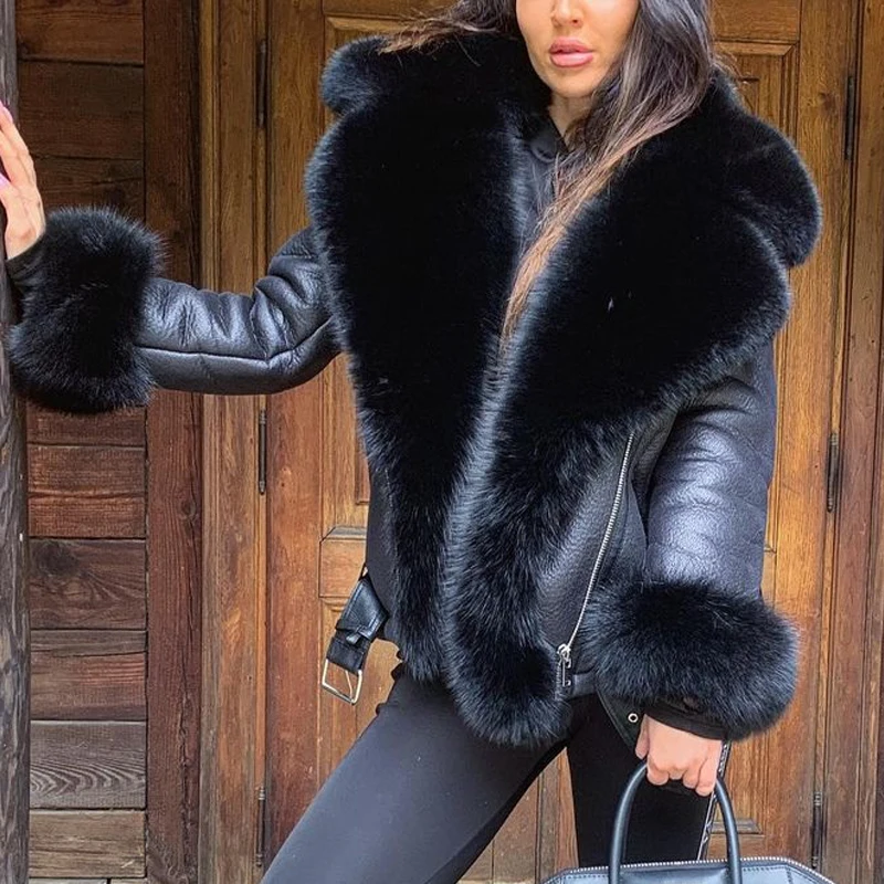 Winter Real Fur Coats Natural Women High Quality Genuine Leather Jacket With Big Fox Fur Turn-down Collar Luxury Overcoats 2022