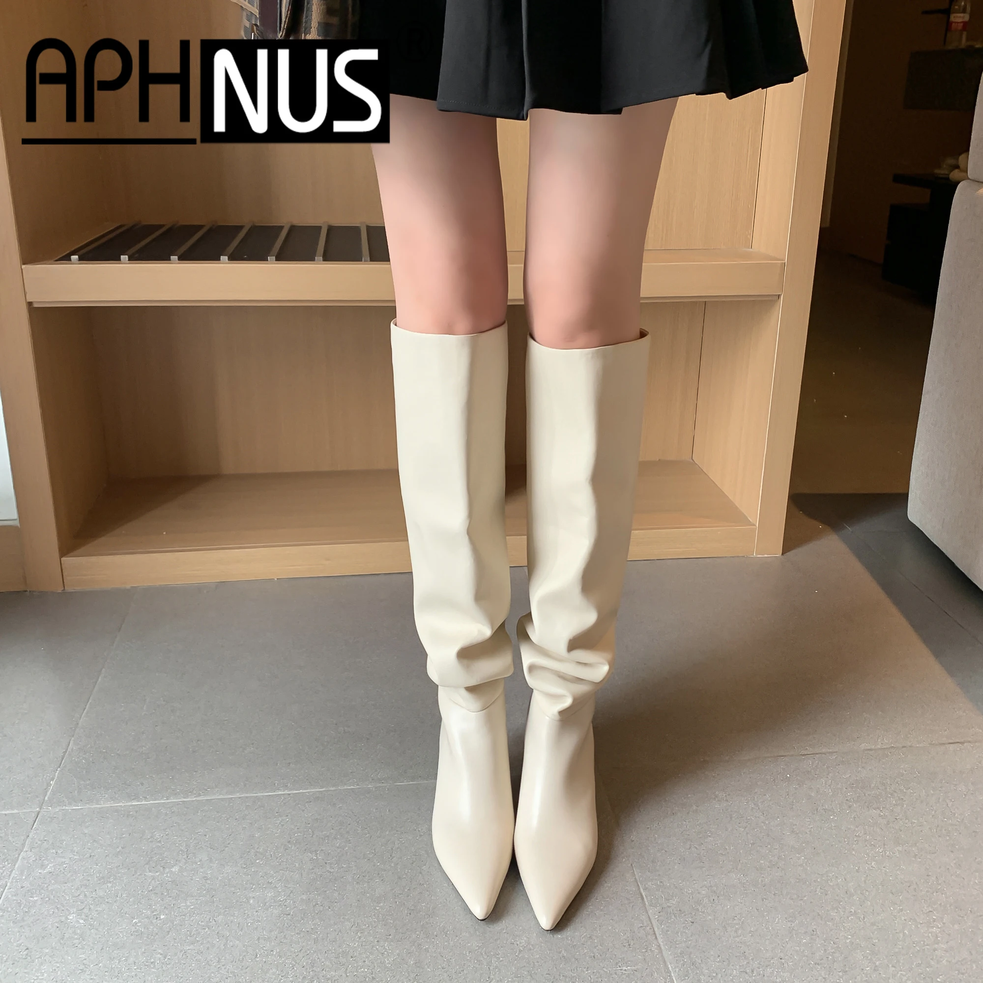 APHNUS 2024 Genuine Leather women boots stiletto heels pointed toe ladies shoes winter solid color knee high boots  Size 33-43