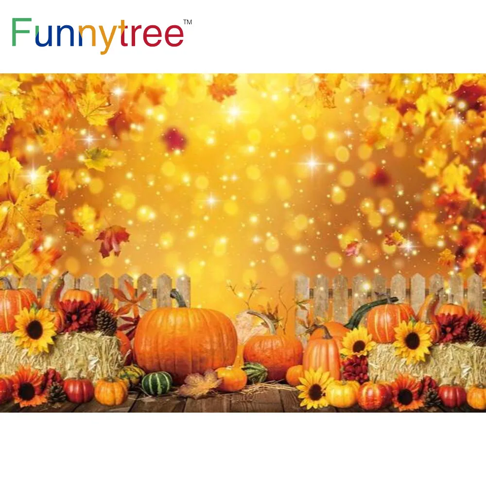 

Funnytree Autumn Landscape Backdrop Pumpkin Sunflower Maple Leaf Fence Bokeh Haystack Custom Poster Decor Background Wallpaper