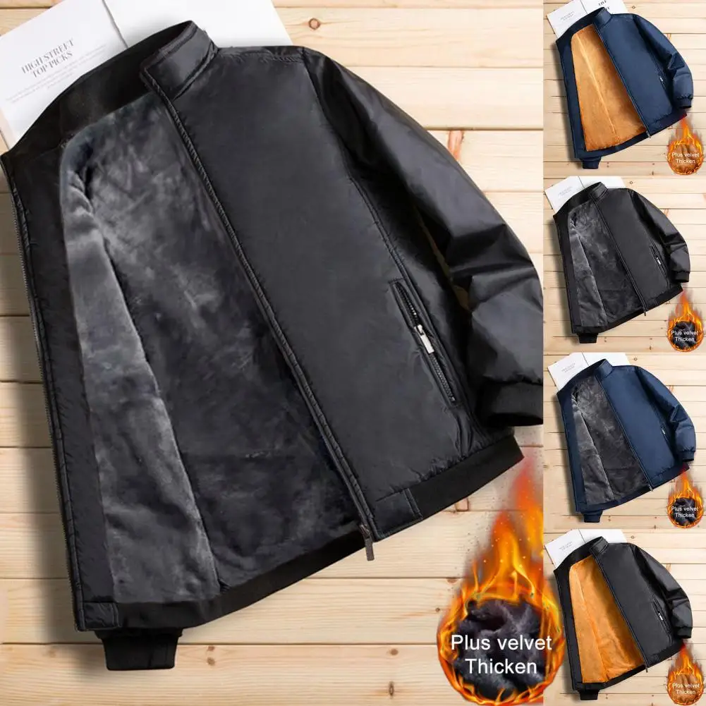 Men Jacket Plush Lined Comfortable Wearing Wear-Resistant Winter Windproof Flight Jacket Outwear for Daily Wear Travel