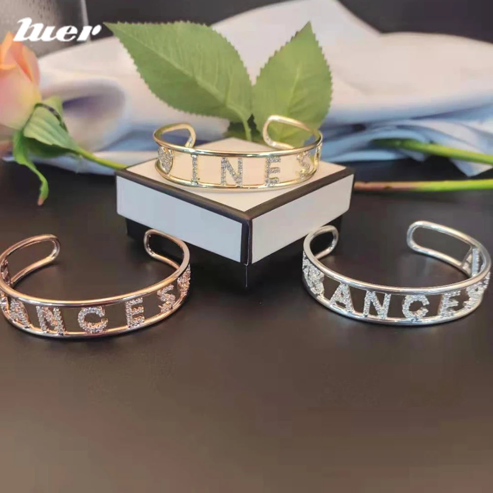 LUER Customized Letter Name Bracelet/Personalized Bangles Rhinestone/Men Women\'s Stainless Steel Bracelets Crystal Letters Gift