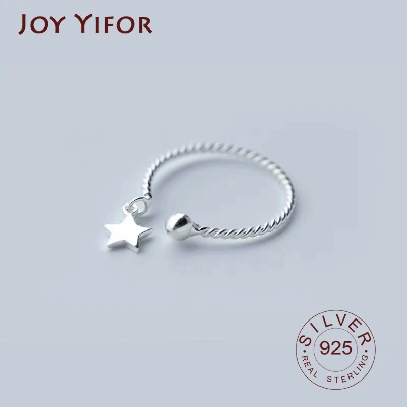 Genuine Silver Color Minimalist Geometric Pendant Star Round Opening Ring For Women Cute Party Fine Jewelry Gift