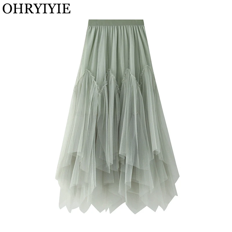 OHRYIYIE Women irregular Long Tulle Skirts Ladies High Waist Ankle-Length Tutu Maxi Skirts Beige Green Female Faldas Jupe Femme