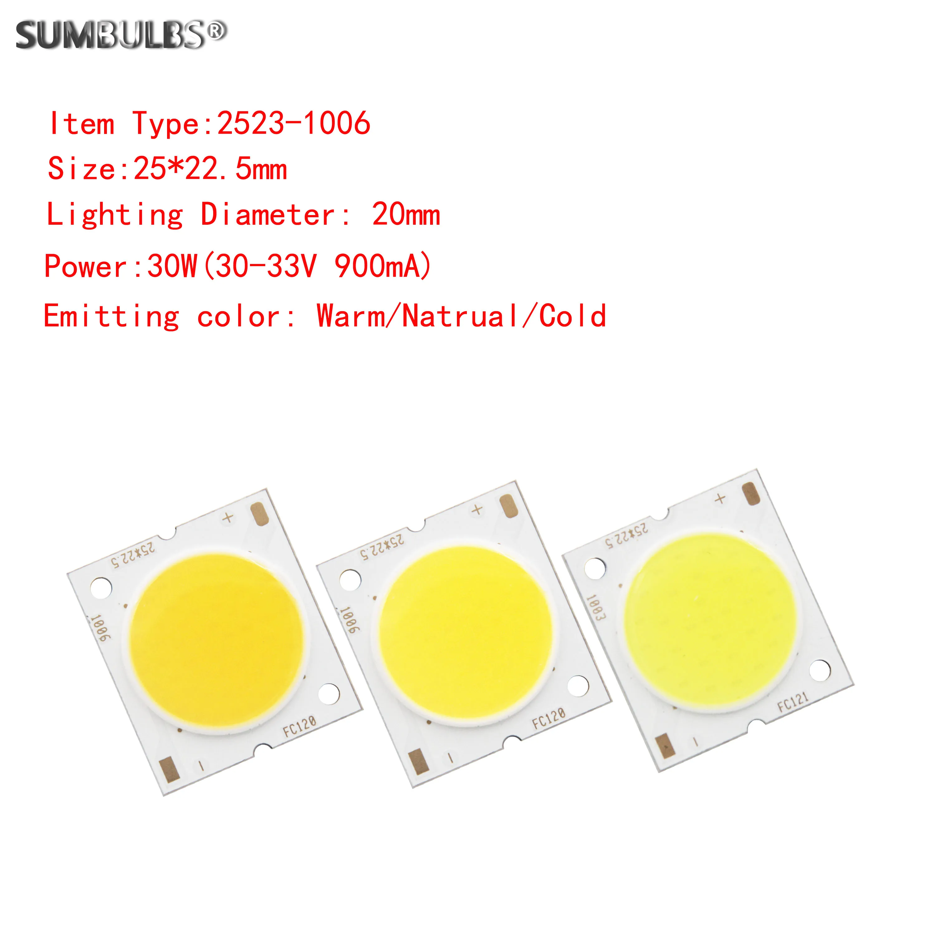 

SUMBULBS 5pcs LED COB Light Source 25x23mm 30W DC 30V-33V 900mA CCT 3000K 4200K 6500K for Down Track Lamp Diode CHIP Bulb