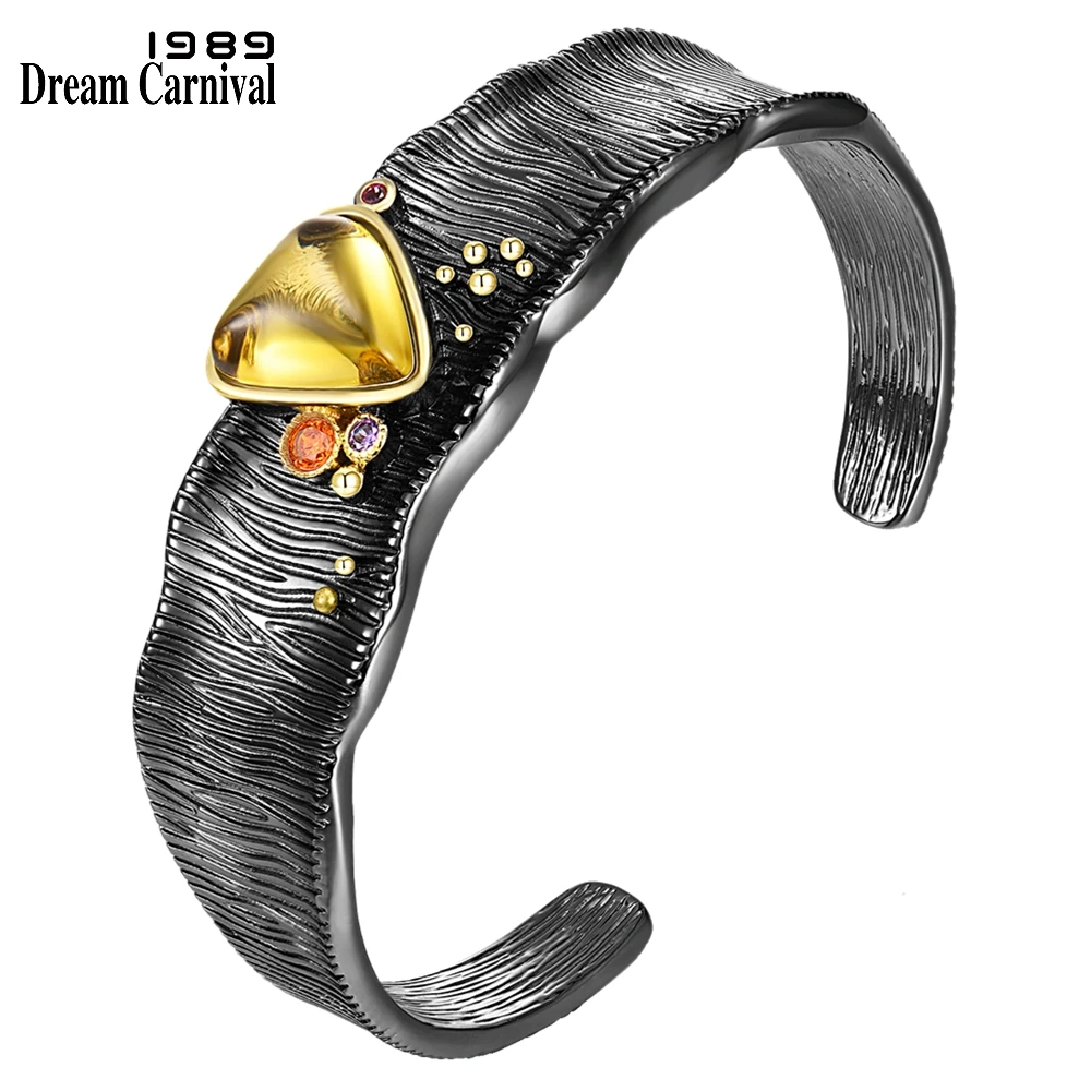 DreamCarnival 1989 New Arrivals Big Cuff Bracelet & Bangle for Women Black Gold Zirconia Baroque Party Must Have Jewelry WB1254G