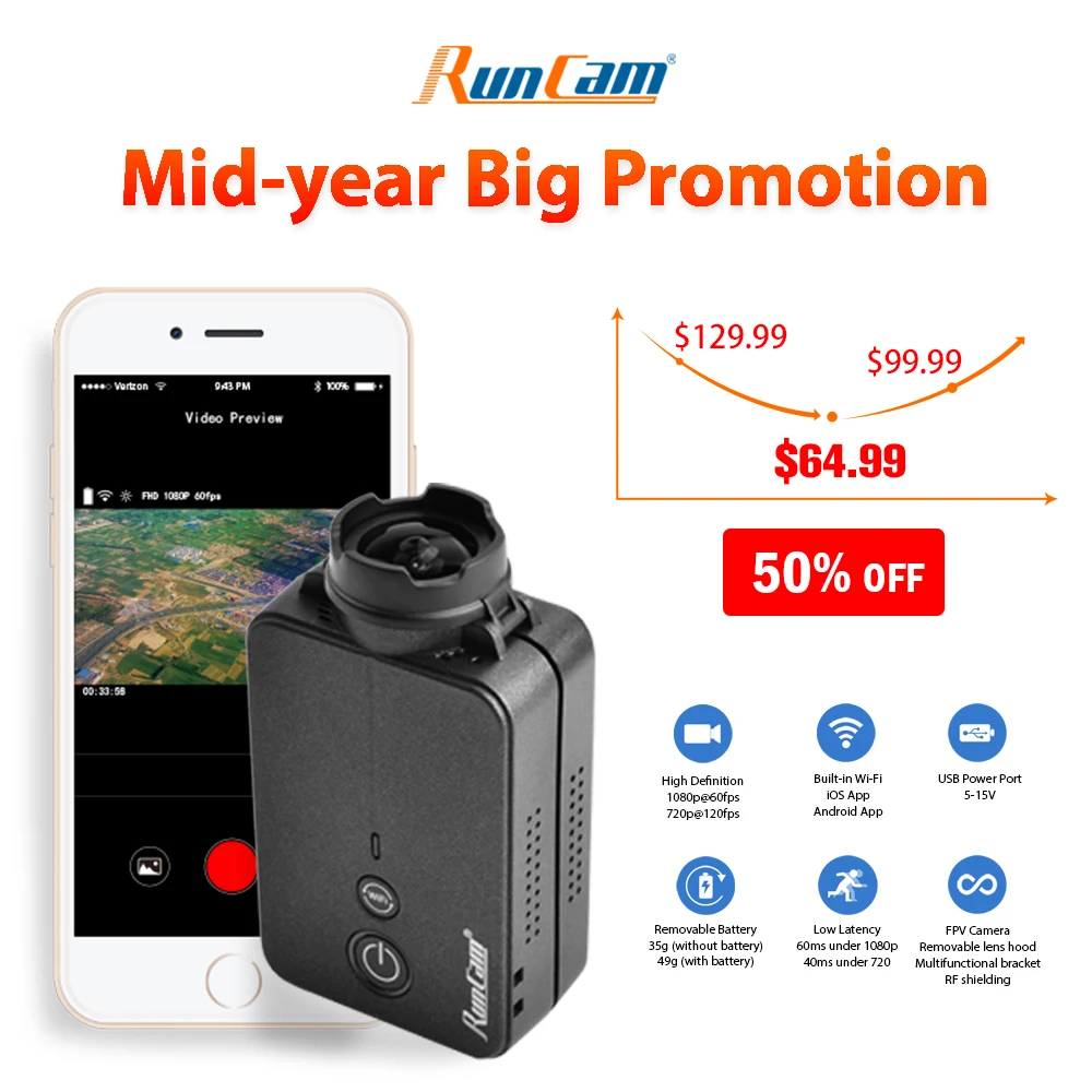 RunCam 2 RunCam2 4K 1080P HD Wing Drone Action กล้องกีฬา WiFi APP บันทึก Quadcopter อุปกรณ์เสริม