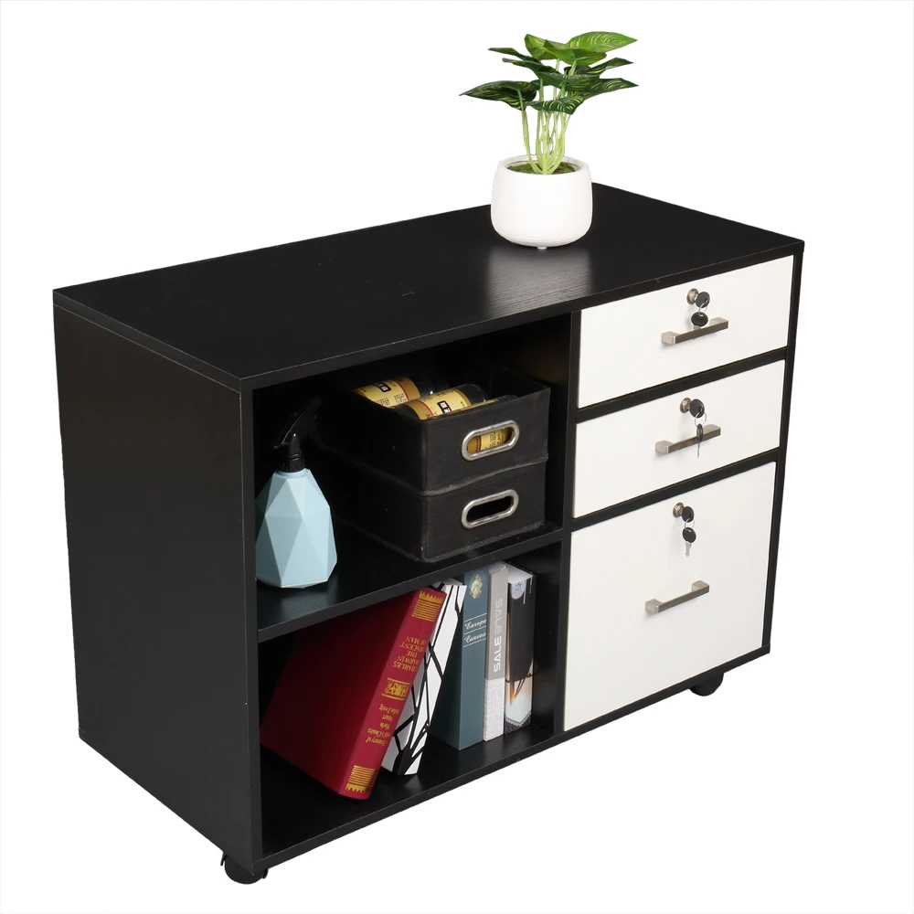 FCH Wood File Cabinet with 3 Drawer and 2 Open Shelves Office Storage Cabinet with Wheel Printer Stand, 35.5