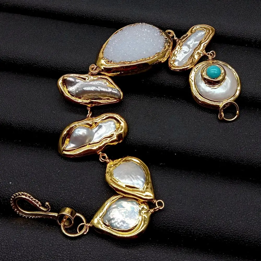 YYGEM  Cultured White Coin Biwa Freshwater  Pearl AgatesDruzy With Electroplated Wrap Bracelet 8.5