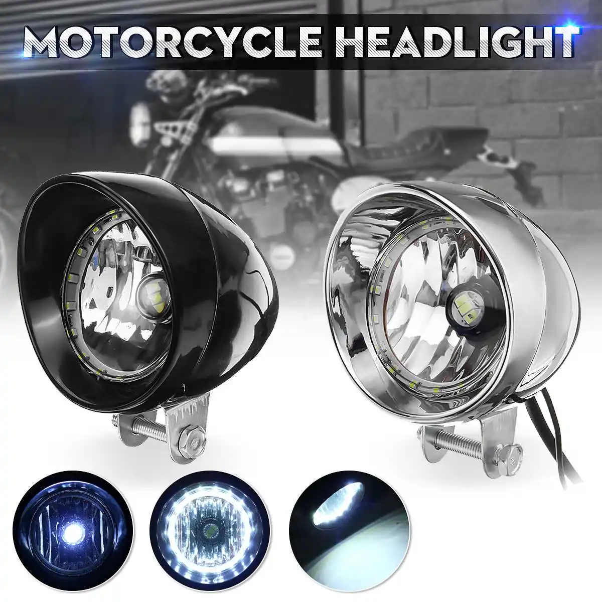 Black Chrome LED Motorcycle Universal Bullet Headlights High/Low Beam Head Light Lamp
