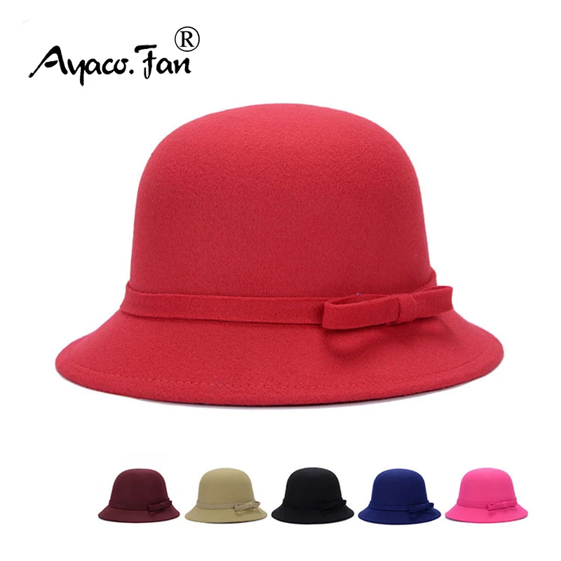 Women Men Black Red Patchwork Wool Felt Jazz Fedora Bowknot Hat Unisex Thick Panama Style Party Trilby Cowboy Dress Wedding Cap