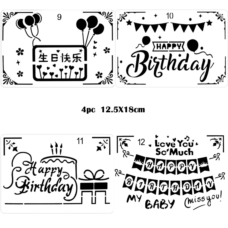 

4pc Happy Birthday Painting Template DIY Coloring Embossing Stencil Scrapbook Diary Stamp Album Accessories Decoration Reusable