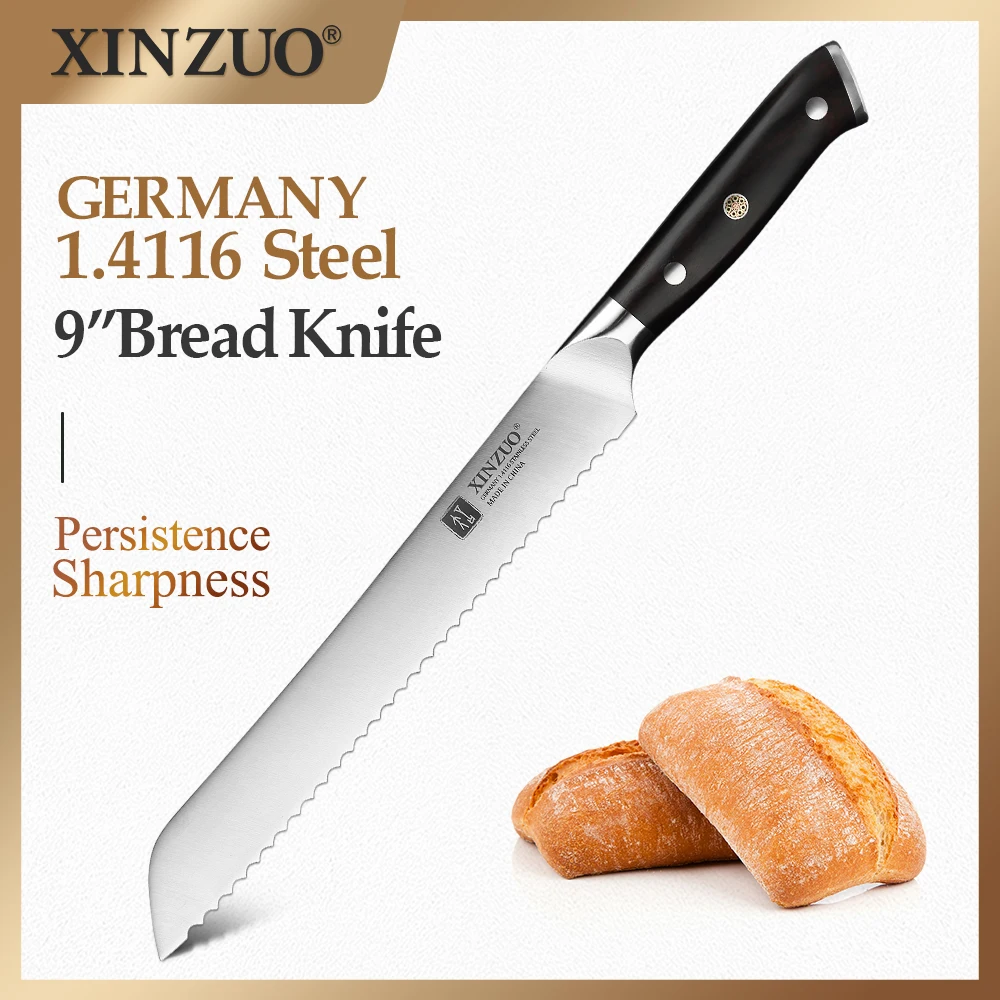 XINZUO 9\'\' Bread Knife Germany 1.4116 Steel Kitchen Serrated Knives Bread Pizza Cheese Cake Slicing Bakery Tools