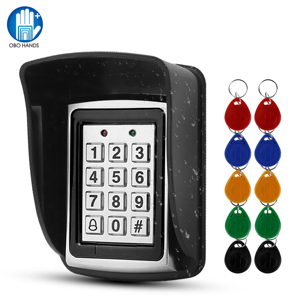 Outdoor Metal RFID Access Control Keypad Card Reader Waterproof Cover 125KHz 10PCS Keyfobs Rainproof for Access Control System